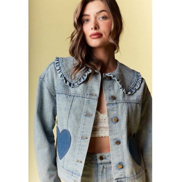 "The Myka" Heart Patch Denim Jacket With Ruffle Collar - Picture 2 of 3